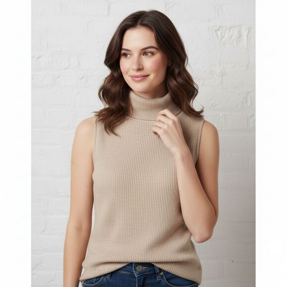 β¨ Feel The Piece Sleeveless Turtleneck M/L Tencel Oatmeal Made USA Ribbed - Picture 1 of 12